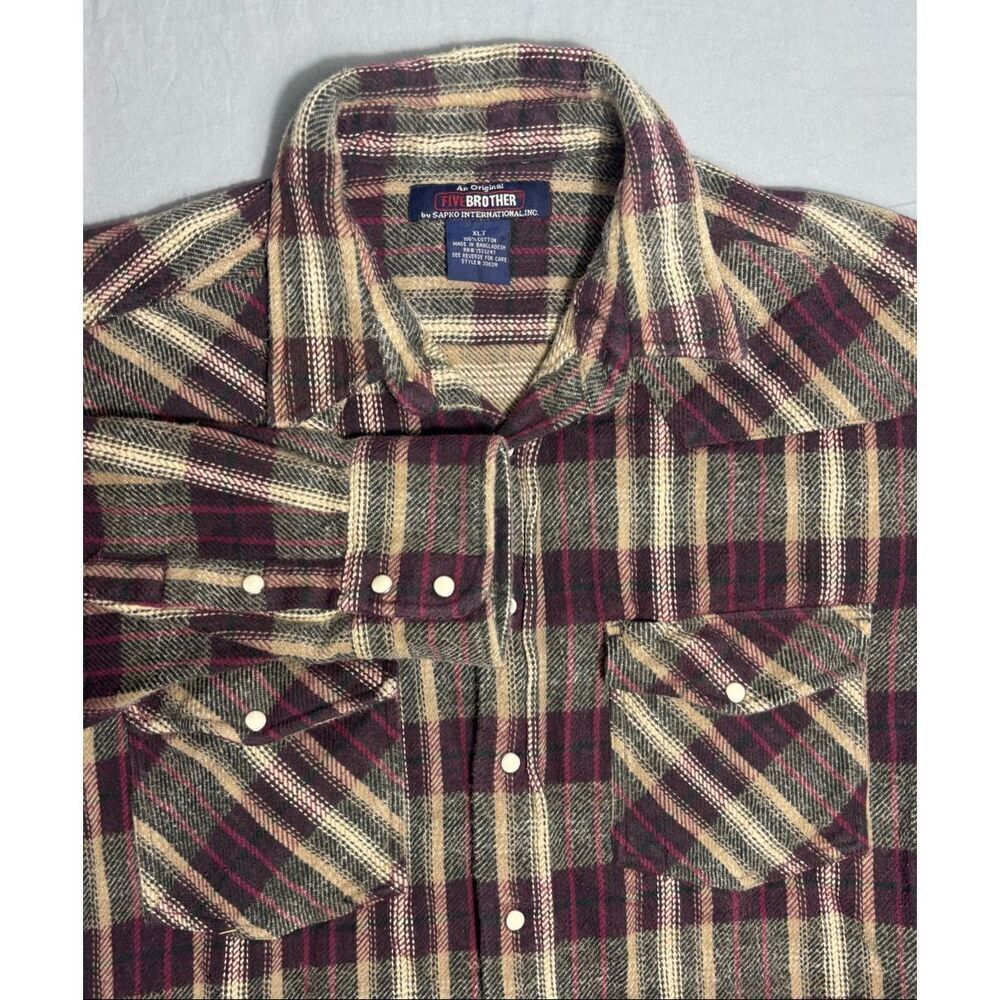 Vintage Five Brother Flannel Shirt XLT Plaid Purple Pearl Snap Heavyweight